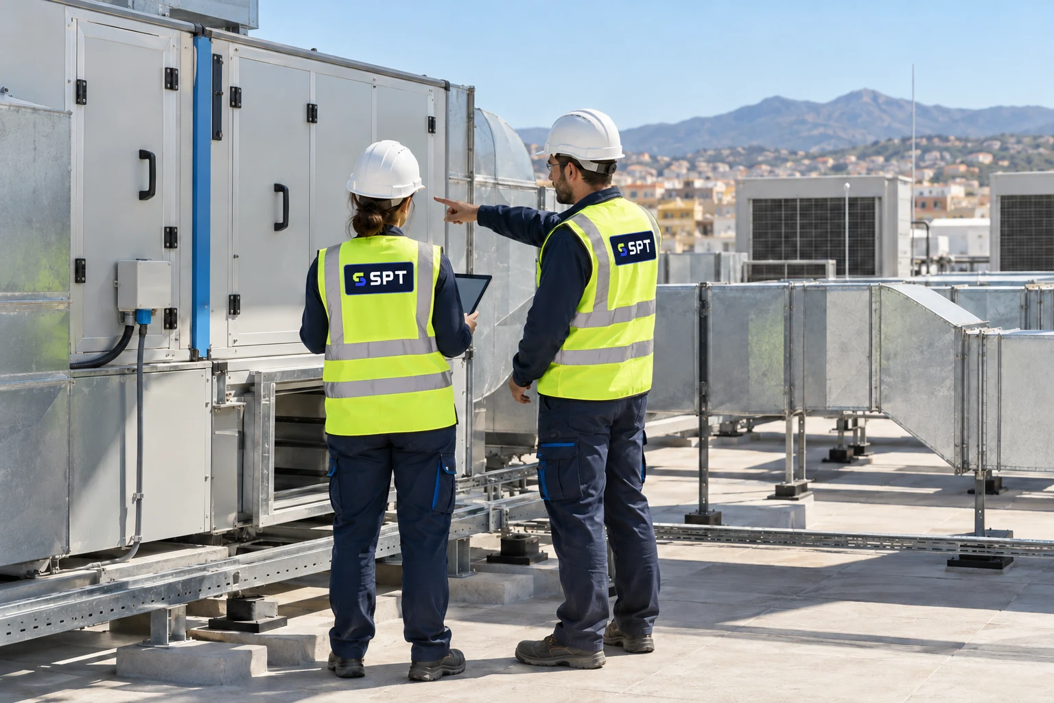 Escena ilustrativa de técnicos con chalecos SPT revisando equipos de climatización