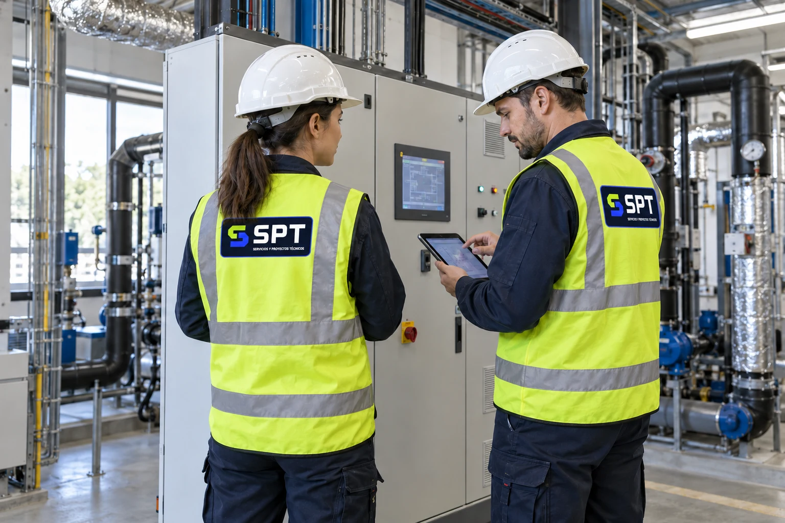 Escena ilustrativa de dos técnicos con chalecos SPT revisando un sistema de control