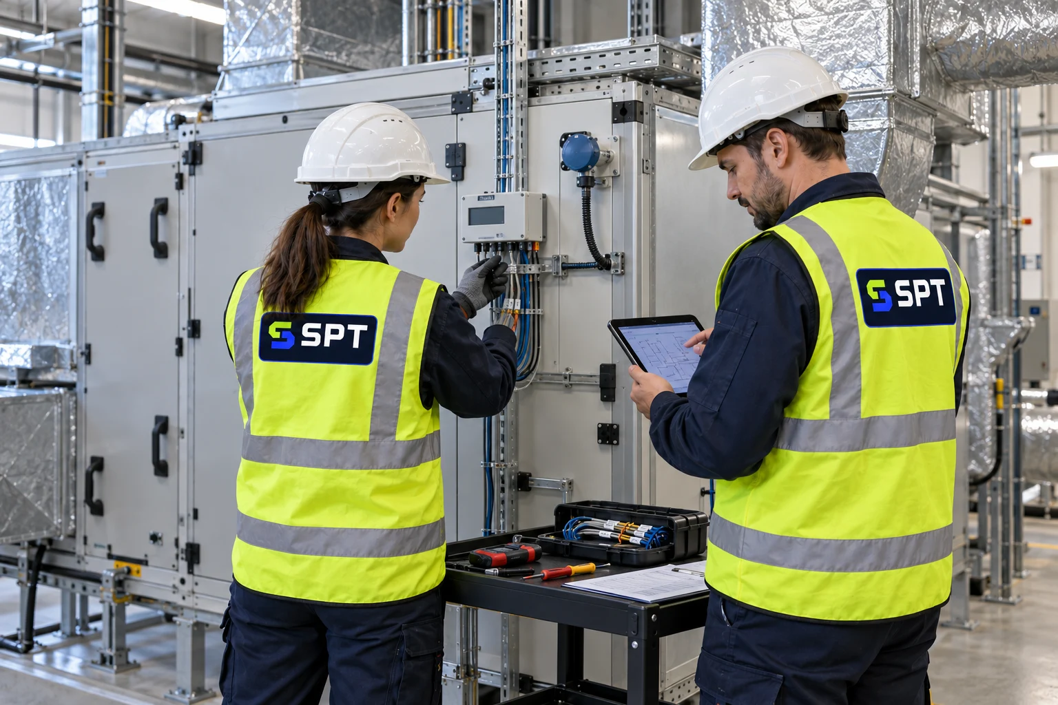 Escena ilustrativa de técnicos SPT comprobando una integración de señales