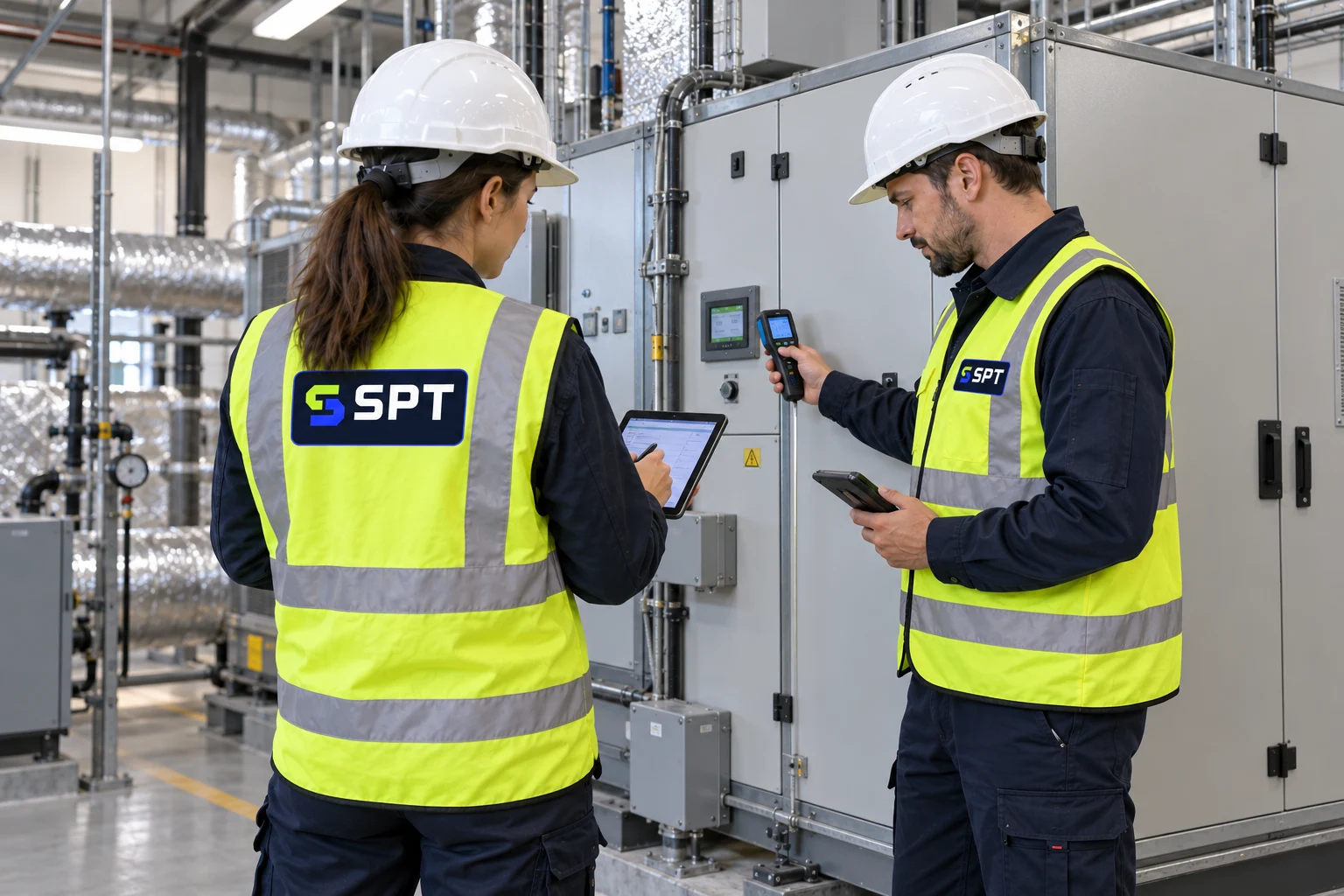 Escena ilustrativa de técnicos SPT realizando una revisión programada